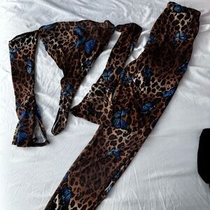 Leopard Print Two-Piece Set with Blue Butterfly Accents